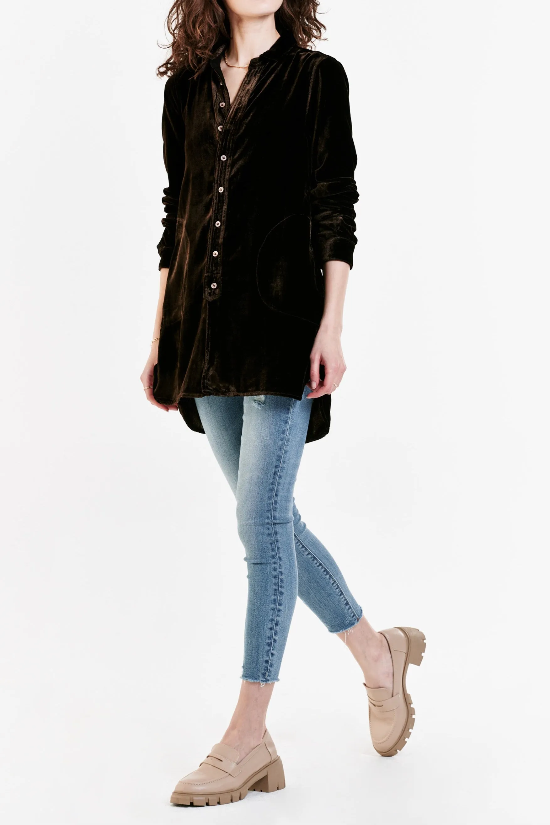 HAZEL BUTTON FRONT TUNIC SHIRT MULCH VELVET