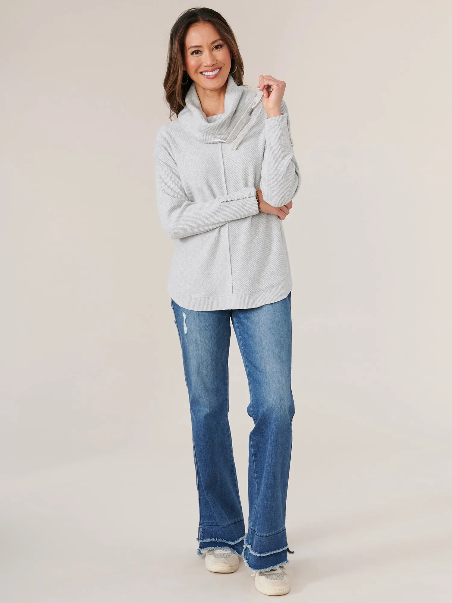 Long Sleeve Cowl Neck with Ties Mitered Front Knit Tunic