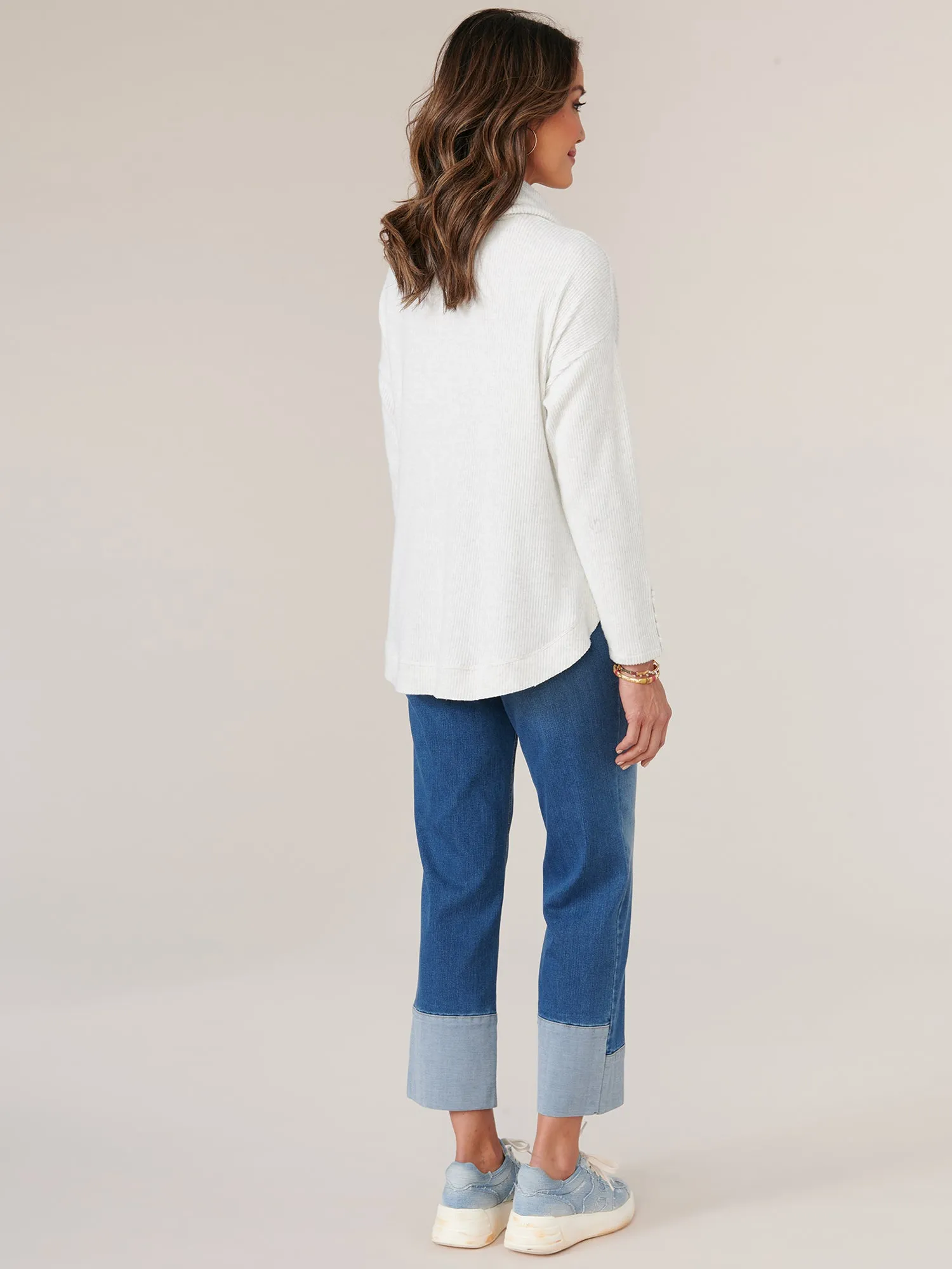 Long Sleeve Cowl Neck with Ties Mitered Front Knit Tunic