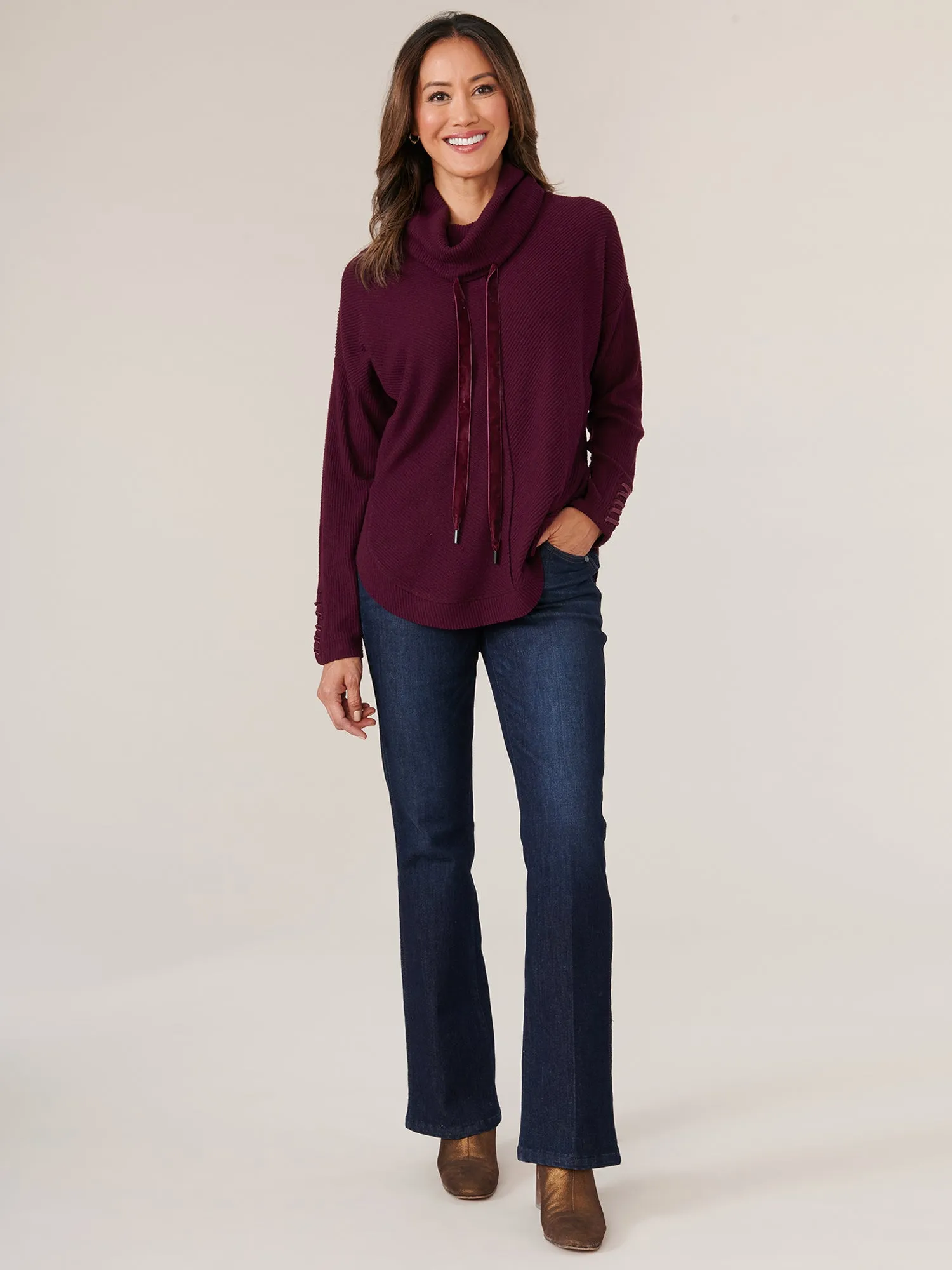 Long Sleeve Cowl Neck with Ties Mitered Front Knit Tunic