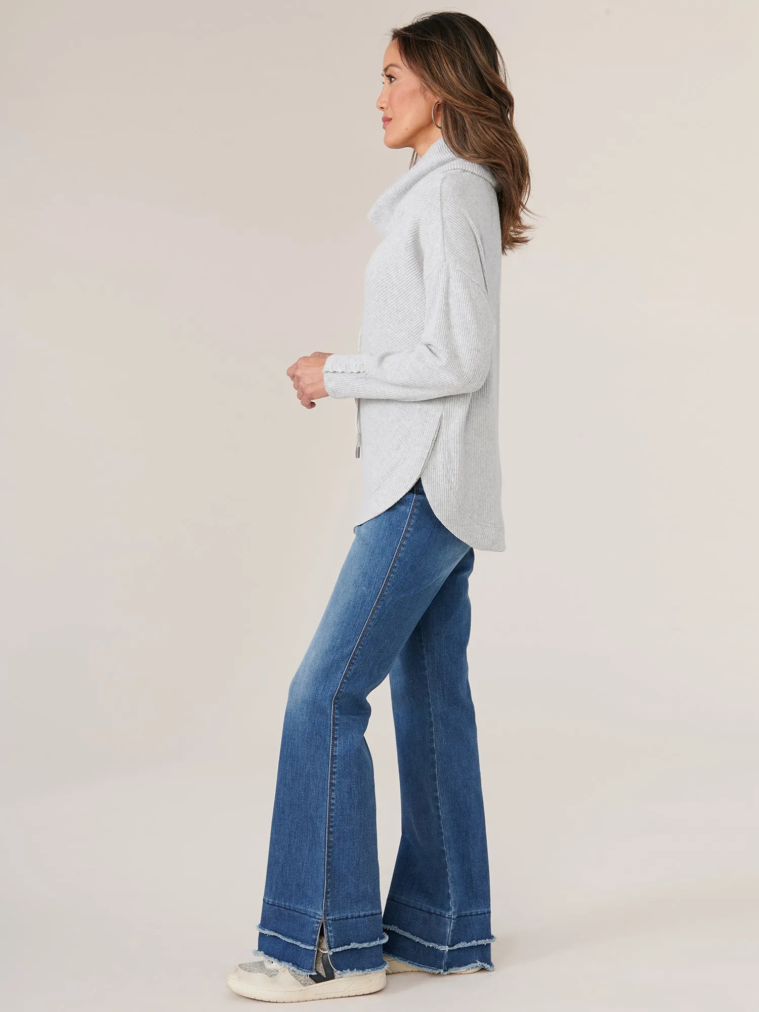 Long Sleeve Cowl Neck with Ties Mitered Front Knit Tunic
