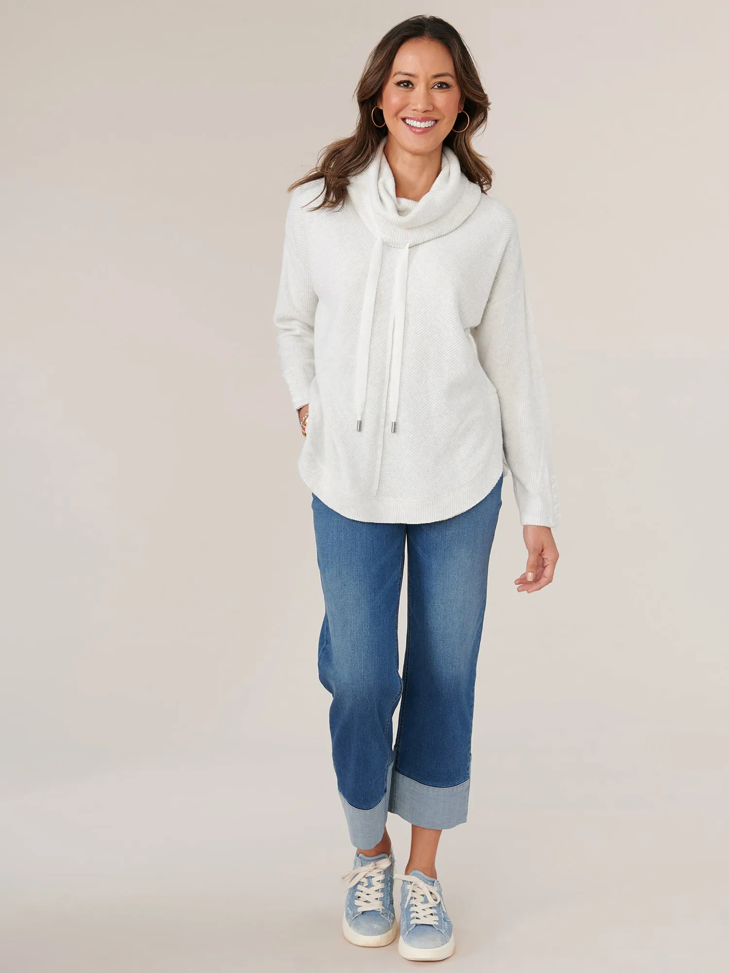 Long Sleeve Cowl Neck with Ties Mitered Front Knit Tunic