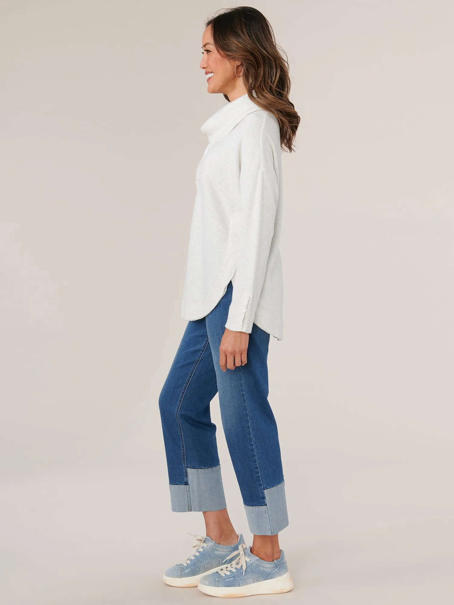 Long Sleeve Cowl Neck with Ties Mitered Front Knit Tunic