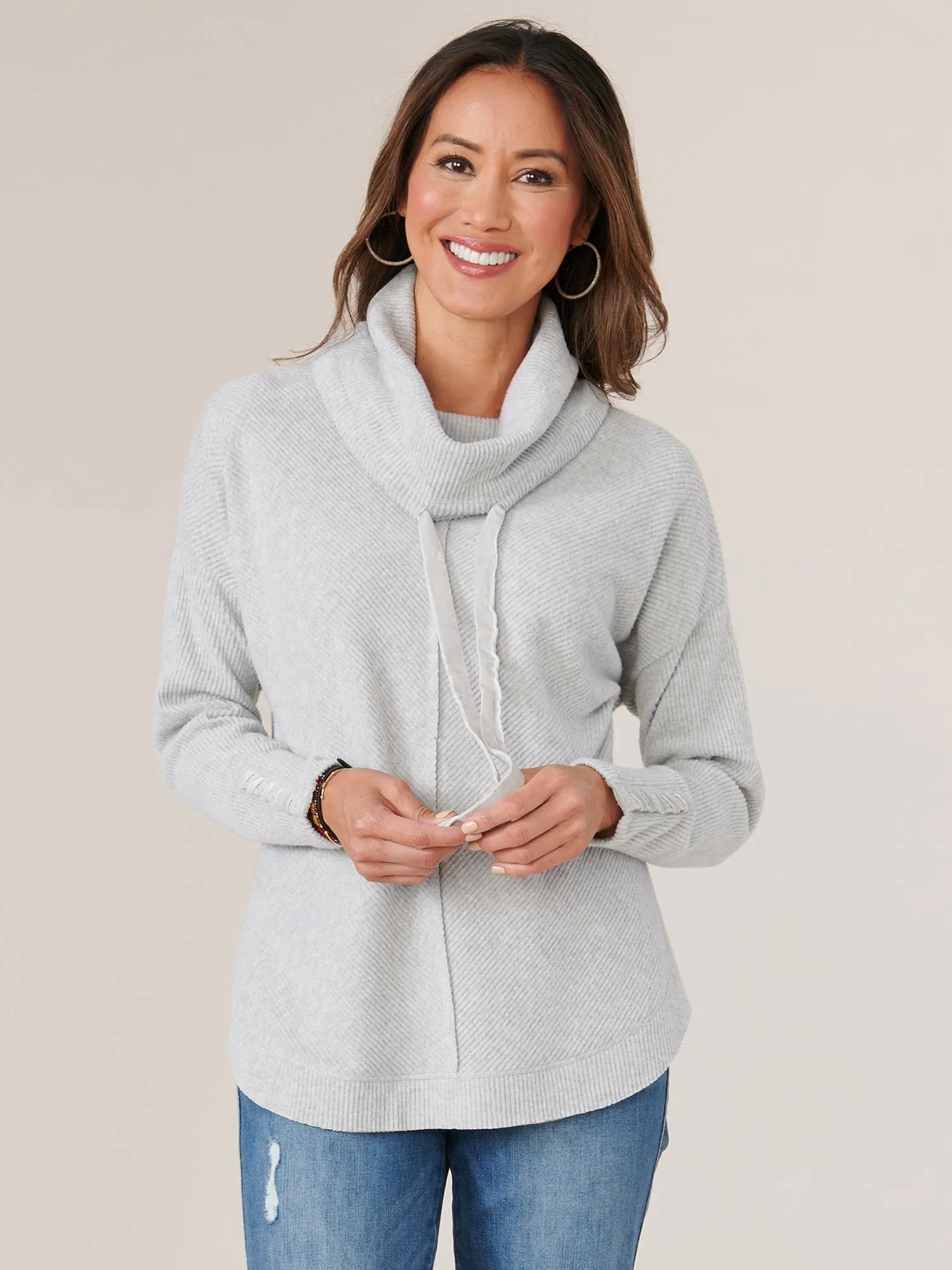 Long Sleeve Cowl Neck with Ties Mitered Front Knit Tunic