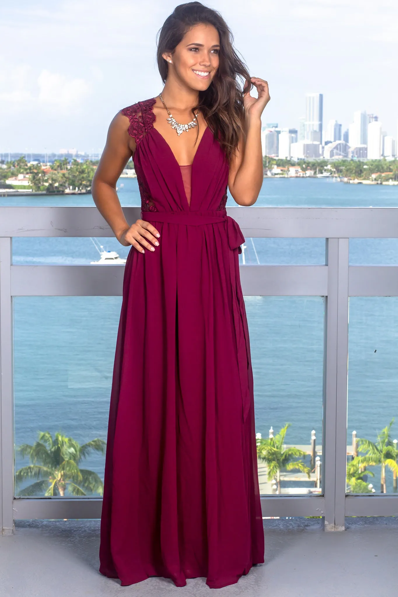 Merlot Maxi Dress with Open Embroidered Back Detail
