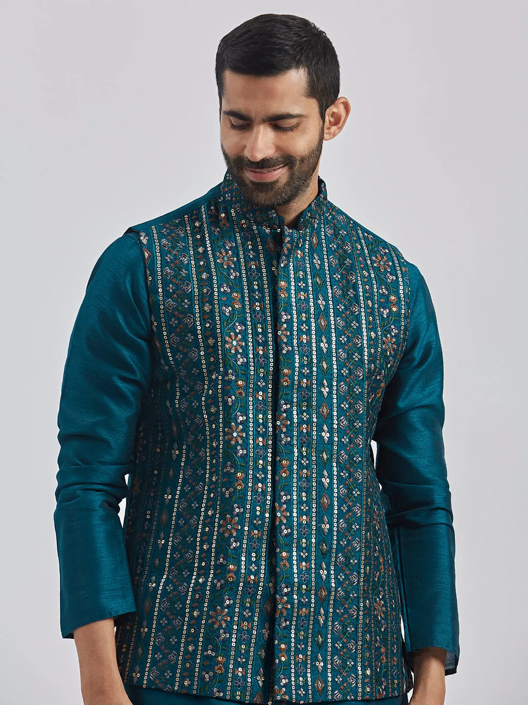 VASTRAMAY Men's Turquoise Silk Blend Nehru Jacket